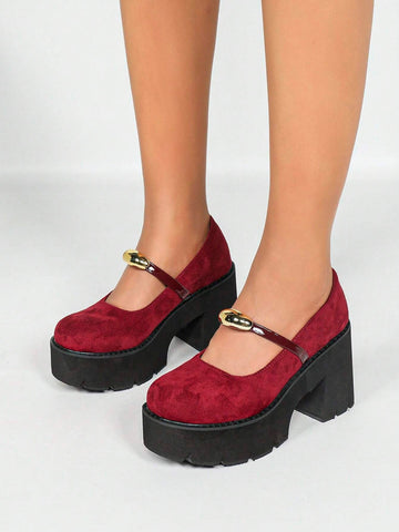 Women Solid Color Platform High Heel Shoes - Red, Round Toe Buckle Strap
