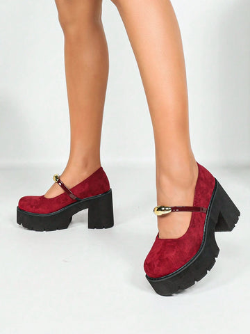 Women Solid Color Platform High Heel Shoes - Red, Round Toe Buckle Strap