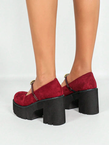 Women Solid Color Platform High Heel Shoes - Red, Round Toe Buckle Strap