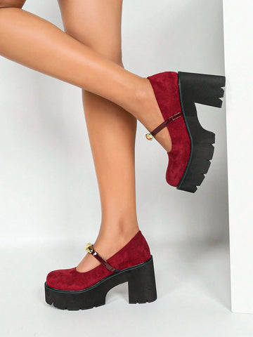 Women Solid Color Platform High Heel Shoes - Red, Round Toe Buckle Strap