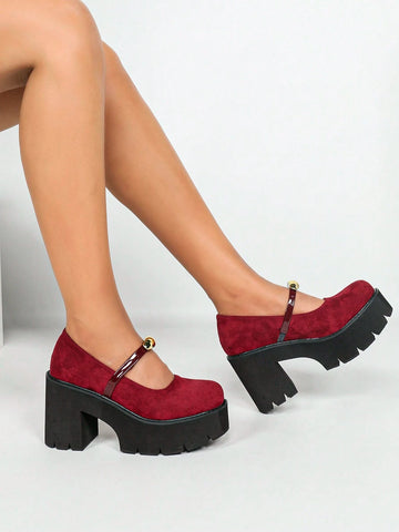 Women Solid Color Platform High Heel Shoes - Red, Round Toe Buckle Strap