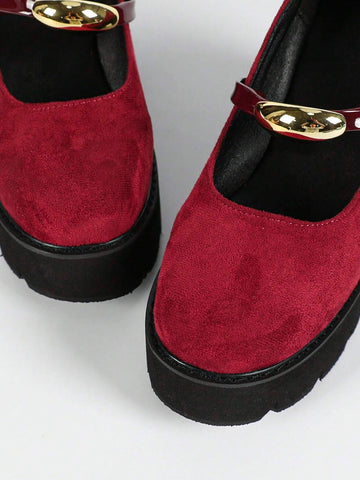 Women Solid Color Platform High Heel Shoes - Red, Round Toe Buckle Strap