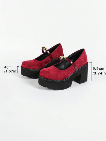 Women Solid Color Platform High Heel Shoes - Red, Round Toe Buckle Strap