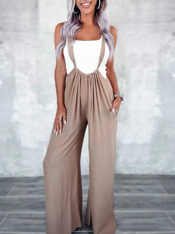 Women Solid Color Pleated Casual Daily Outfit Jumpsuit With Shoulder Straps