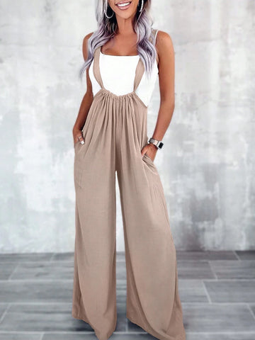 Women Solid Color Pleated Casual Daily Outfit Jumpsuit With Shoulder Straps