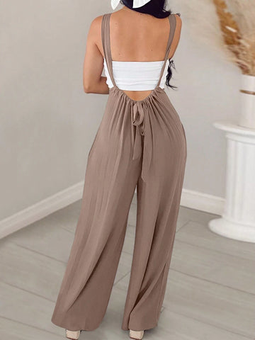 Women Solid Color Pleated Casual Daily Outfit Jumpsuit With Shoulder Straps