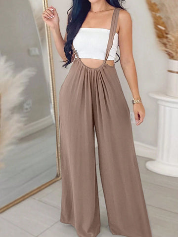 Women Solid Color Pleated Casual Daily Outfit Jumpsuit With Shoulder Straps