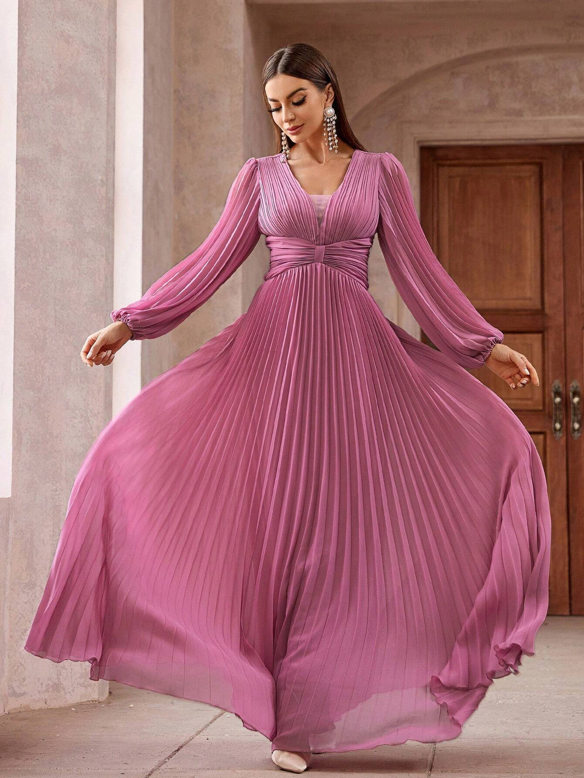 Women Solid Color Pleated Lantern Sleeve V Neck Dress With Cinched Waist And Flared Hem For Cocktail Party