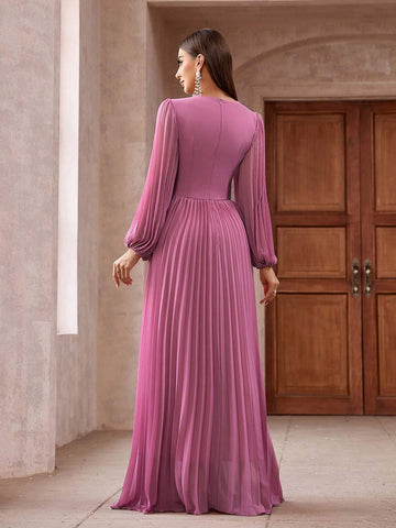 Women Solid Color Pleated Lantern Sleeve V Neck Dress With Cinched Waist And Flared Hem For Cocktail Party