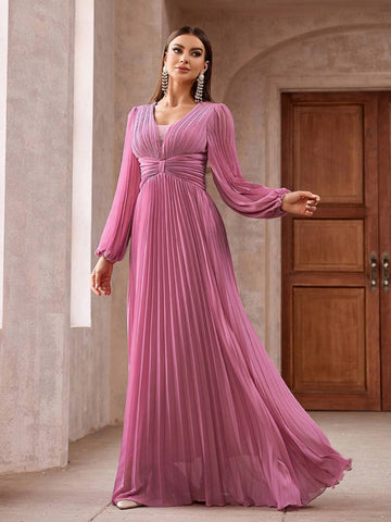 Women Solid Color Pleated Lantern Sleeve V Neck Dress With Cinched Waist And Flared Hem For Cocktail Party