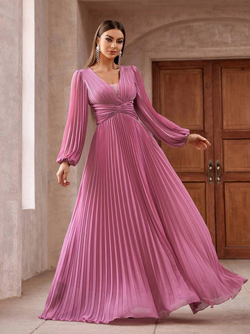 Women Solid Color Pleated Lantern Sleeve V Neck Dress With Cinched Waist And Flared Hem For Cocktail Party