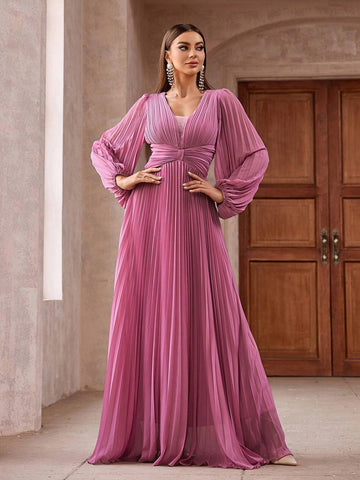 Women Solid Color Pleated Lantern Sleeve V Neck Dress With Cinched Waist And Flared Hem For Cocktail Party