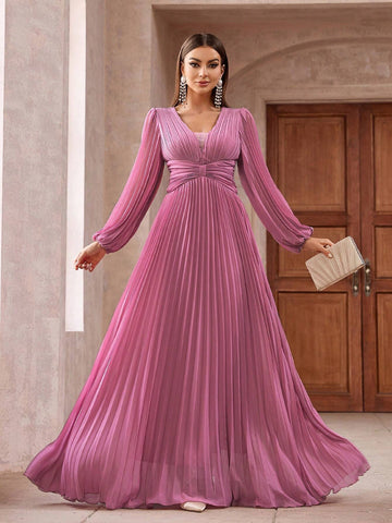 Women Solid Color Pleated Lantern Sleeve V Neck Dress With Cinched Waist And Flared Hem For Cocktail Party