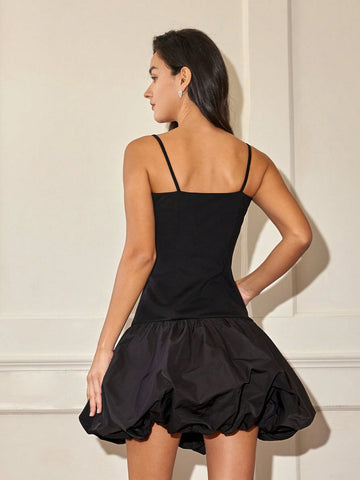 Women Solid Color Rhinestone Bow Bud Slip Dress