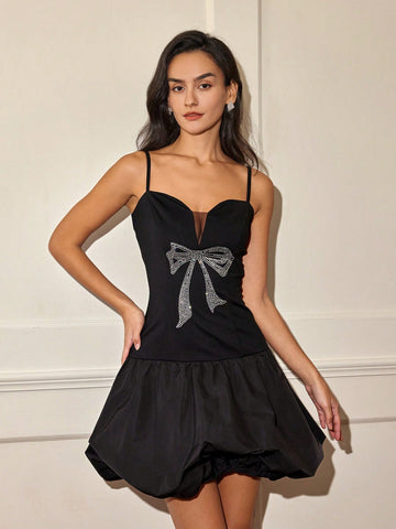 Women Solid Color Rhinestone Bow Bud Slip Dress