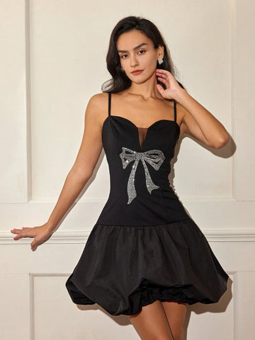 Women Solid Color Rhinestone Bow Bud Slip Dress