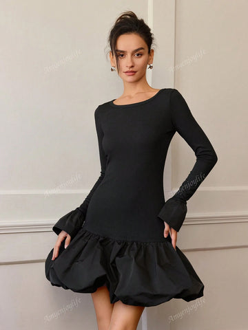 Women Solid Color Round Neck Flare Long Sleeve Short Elegant Bubble Hem Dress