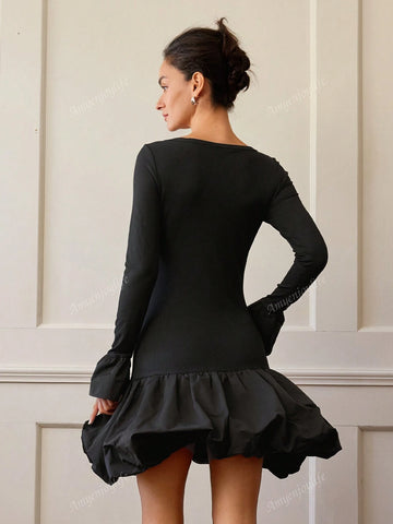 Women Solid Color Round Neck Flare Long Sleeve Short Elegant Bubble Hem Dress