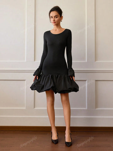 Women Solid Color Round Neck Flare Long Sleeve Short Elegant Bubble Hem Dress