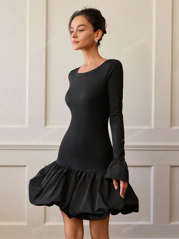 Women Solid Color Round Neck Flare Long Sleeve Short Elegant Bubble Hem Dress