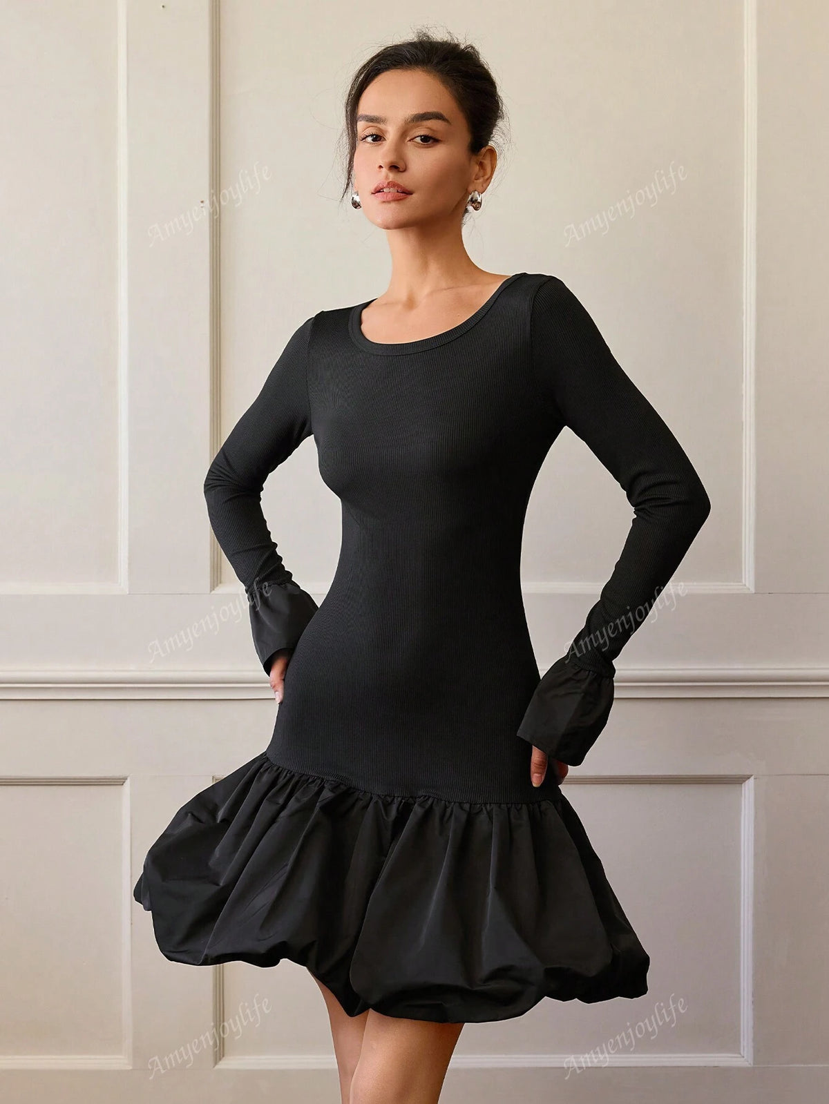 Women Solid Color Round Neck Flare Long Sleeve Short Elegant Bubble Hem Dress