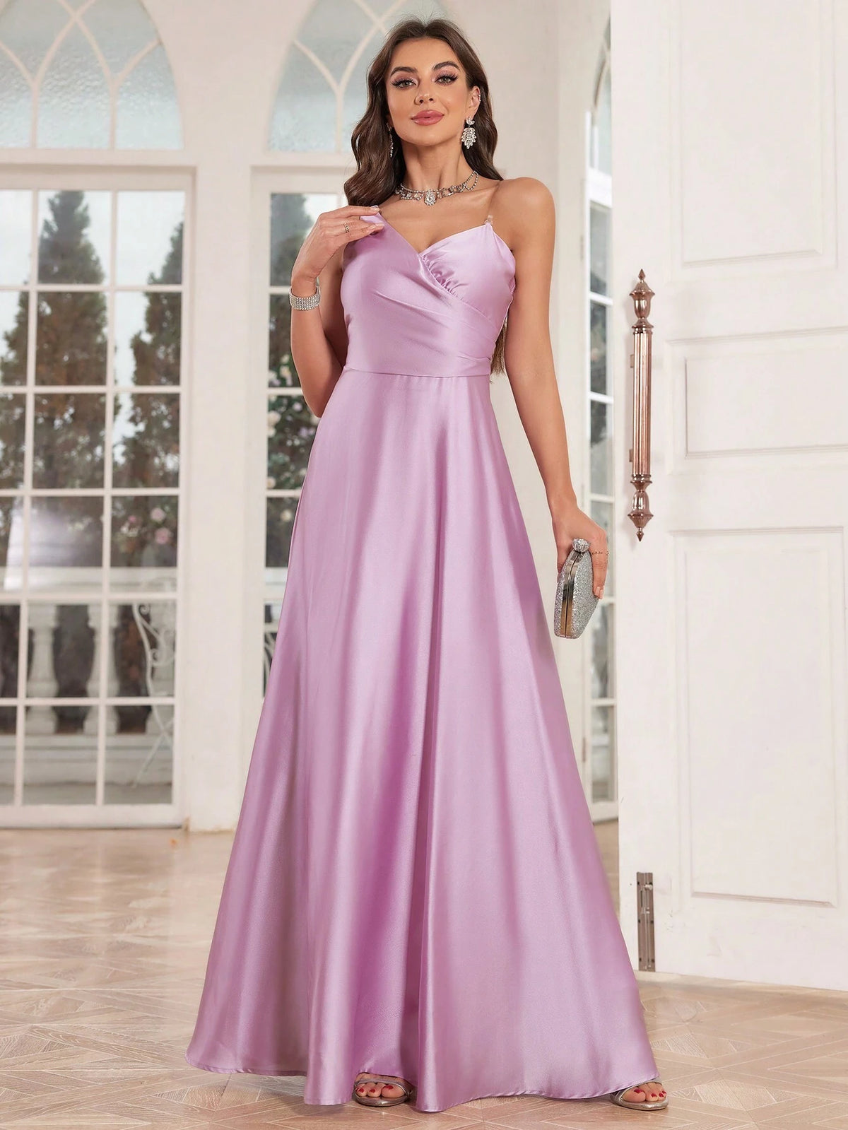 Women Solid Color Satin Spaghetti Strap Full-Length Evening Dress