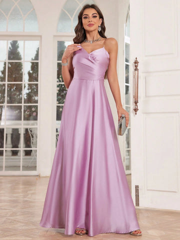 Women Solid Color Satin Spaghetti Strap Full-Length Evening Dress