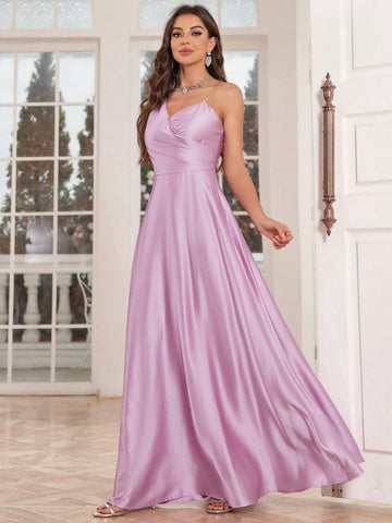 Women Solid Color Satin Spaghetti Strap Full-Length Evening Dress