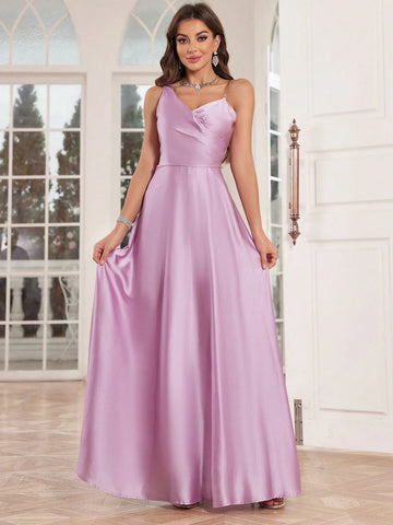 Women Solid Color Satin Spaghetti Strap Full-Length Evening Dress