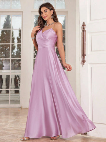 Women Solid Color Satin Spaghetti Strap Full-Length Evening Dress