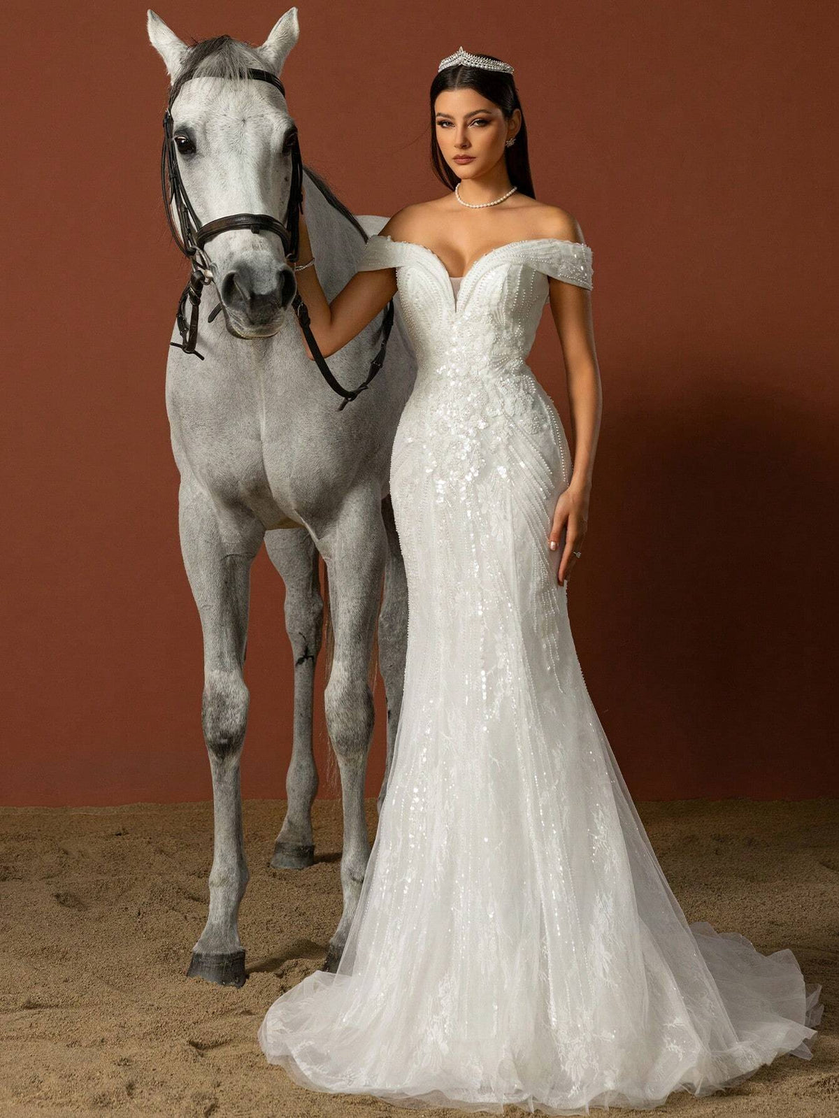 Women Solid Color Simple Mesh Patchwork Elegant Wedding Dress