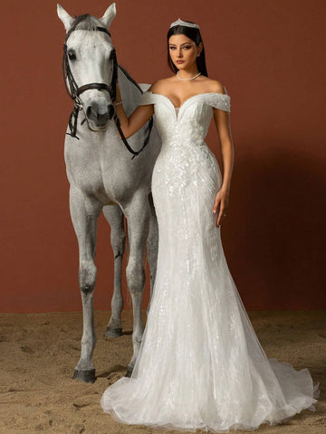 Women Solid Color Simple Mesh Patchwork Elegant Wedding Dress