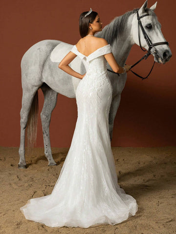 Women Solid Color Simple Mesh Patchwork Elegant Wedding Dress