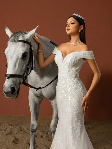 Women Solid Color Simple Mesh Patchwork Elegant Wedding Dress