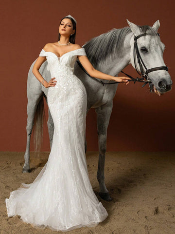 Women Solid Color Simple Mesh Patchwork Elegant Wedding Dress