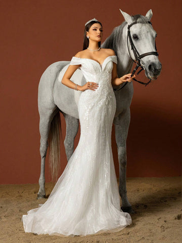 Women Solid Color Simple Mesh Patchwork Elegant Wedding Dress