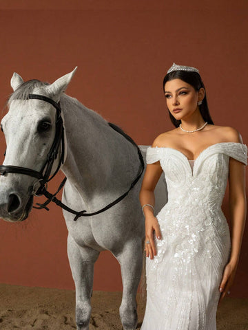 Women Solid Color Simple Mesh Patchwork Elegant Wedding Dress