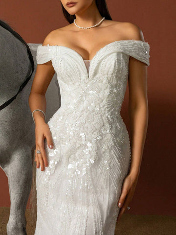 Women Solid Color Simple Mesh Patchwork Elegant Wedding Dress