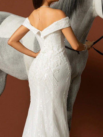 Women Solid Color Simple Mesh Patchwork Elegant Wedding Dress
