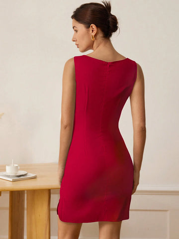 Women Solid Color Sleeveless Waist Tied Elegant Mini Dress