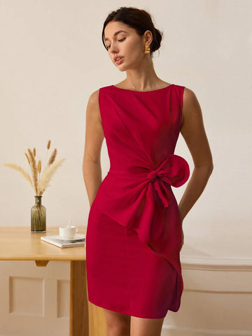 Women Solid Color Sleeveless Waist Tied Elegant Mini Dress