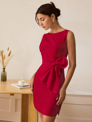 Women Solid Color Sleeveless Waist Tied Elegant Mini Dress