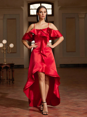 Women Solid Color Spaghetti Strap Off Shoulder Maxi Dress