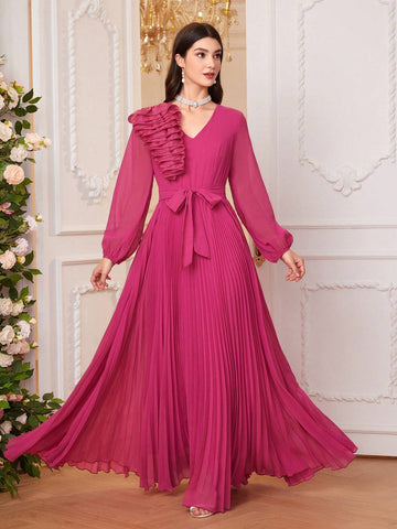 Women Solid Color Spliced Multi-Layer Ruffle Hem Lantern Sleeve Long Elegant Bridesmaid Dress