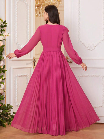 Women Solid Color Spliced Multi-Layer Ruffle Hem Lantern Sleeve Long Elegant Bridesmaid Dress