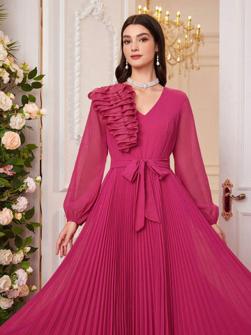 Women Solid Color Spliced Multi-Layer Ruffle Hem Lantern Sleeve Long Elegant Bridesmaid Dress