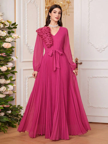 Women Solid Color Spliced Multi-Layer Ruffle Hem Lantern Sleeve Long Elegant Bridesmaid Dress