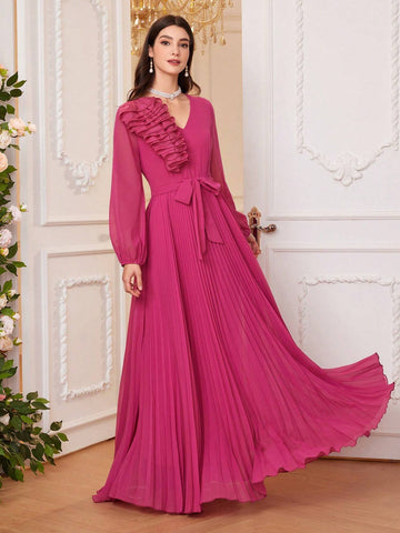 Women Solid Color Spliced Multi-Layer Ruffle Hem Lantern Sleeve Long Elegant Bridesmaid Dress