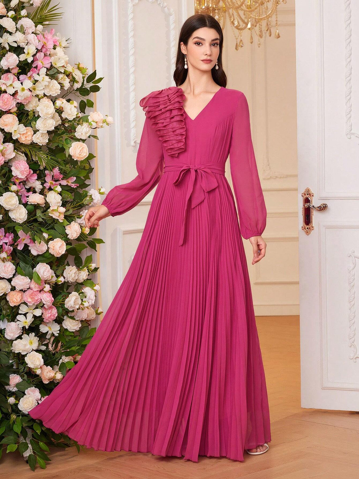 Women Solid Color Spliced Multi-Layer Ruffle Hem Lantern Sleeve Long Elegant Bridesmaid Dress