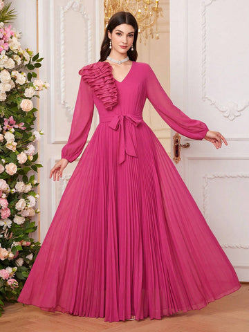 Women Solid Color Spliced Multi-Layer Ruffle Hem Lantern Sleeve Long Elegant Bridesmaid Dress